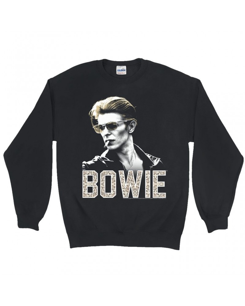 David Bowie Sweatshirt | The Man Who Fell To Earth Photo With Leopard Logo Sweatshirt $11.53 Sweatshirts